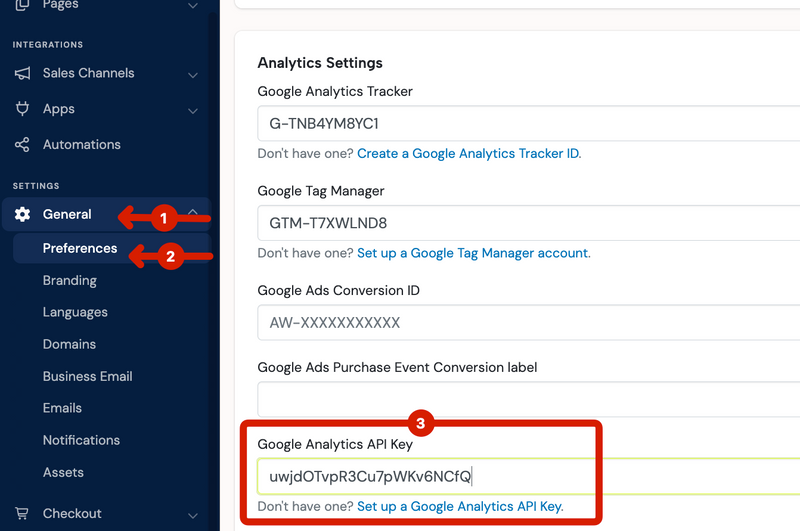 Jumpseller general settings Google Analytics field