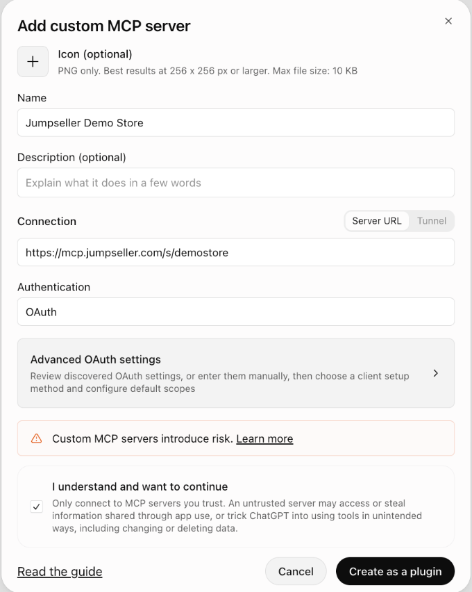 Name, server URL and OAuth in ChatGPT's Add custom MCP server dialog