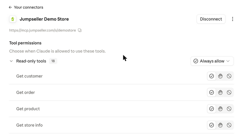 The connected Jumpseller connector and its tool permissions