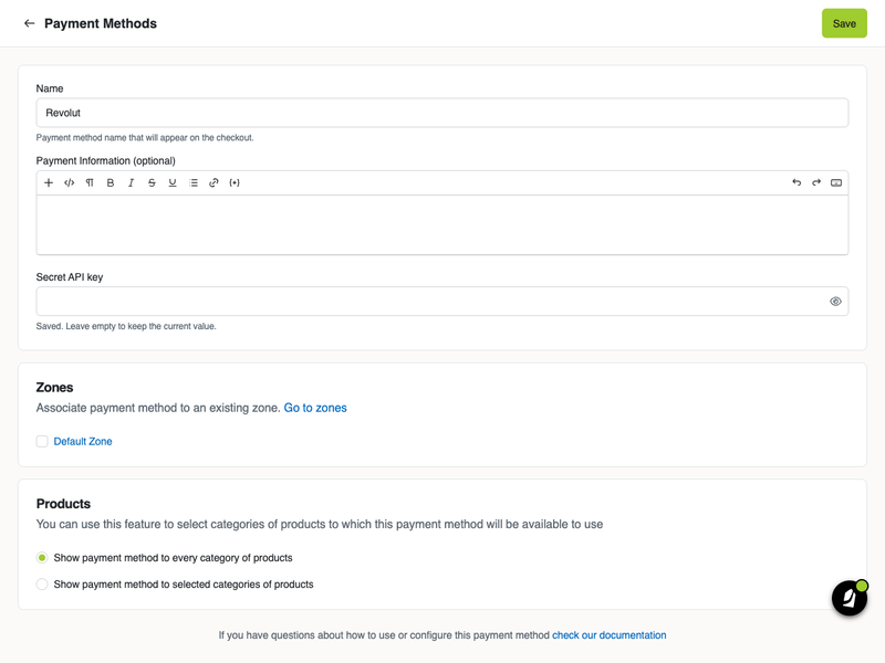 Revolut payment method settings in the Jumpseller admin panel