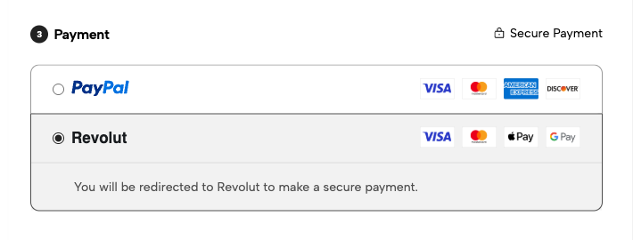 Revolut payment option at the Jumpseller checkout with card, Apple Pay and Google Pay logos