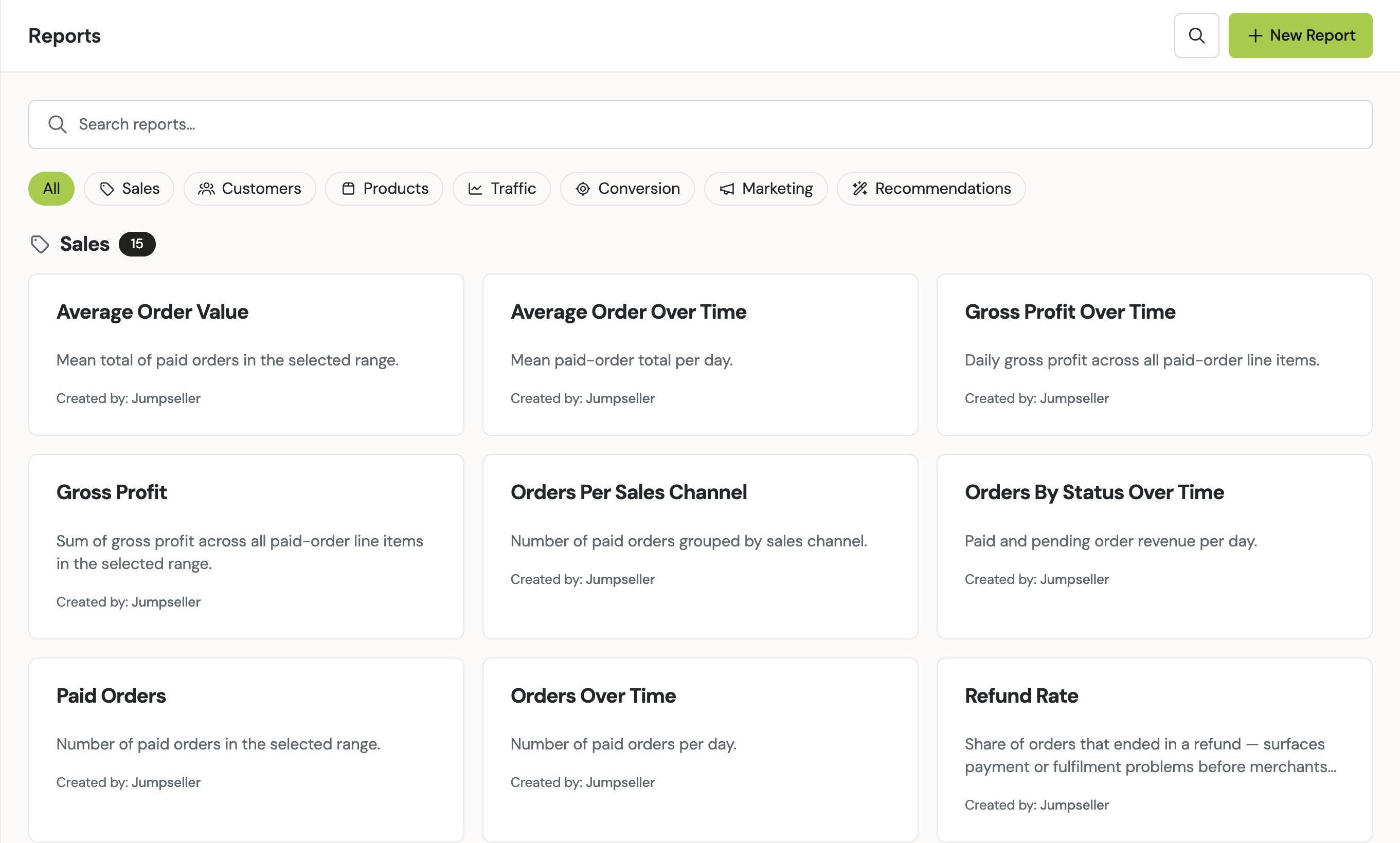 Reports catalogue for sales, customers, products, traffic, conversion and marketing
