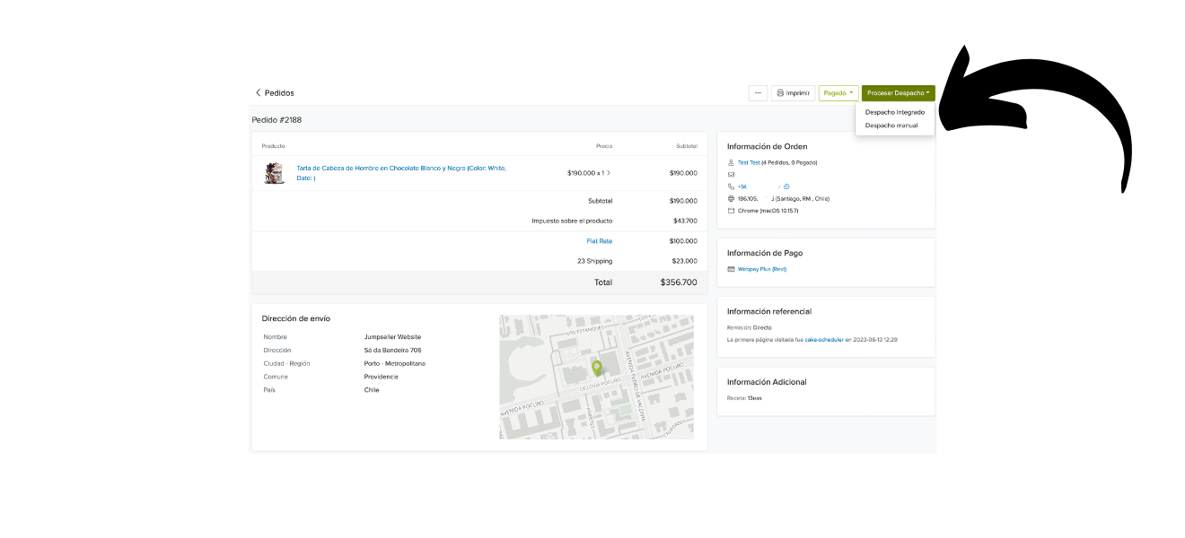 Captura de pantalla del panel de administración de Jumpseller con la configuración del método de envío manual.