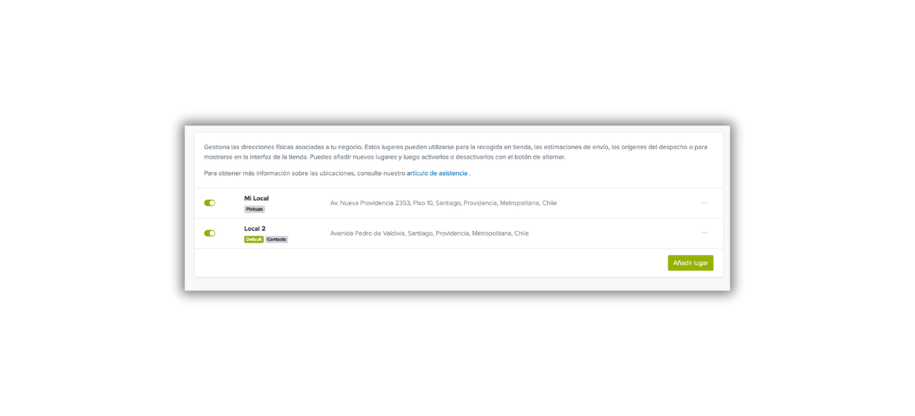 Captura de pantalla del panel de administración de Jumpseller mostrando la configuración del método de retiro en tienda.