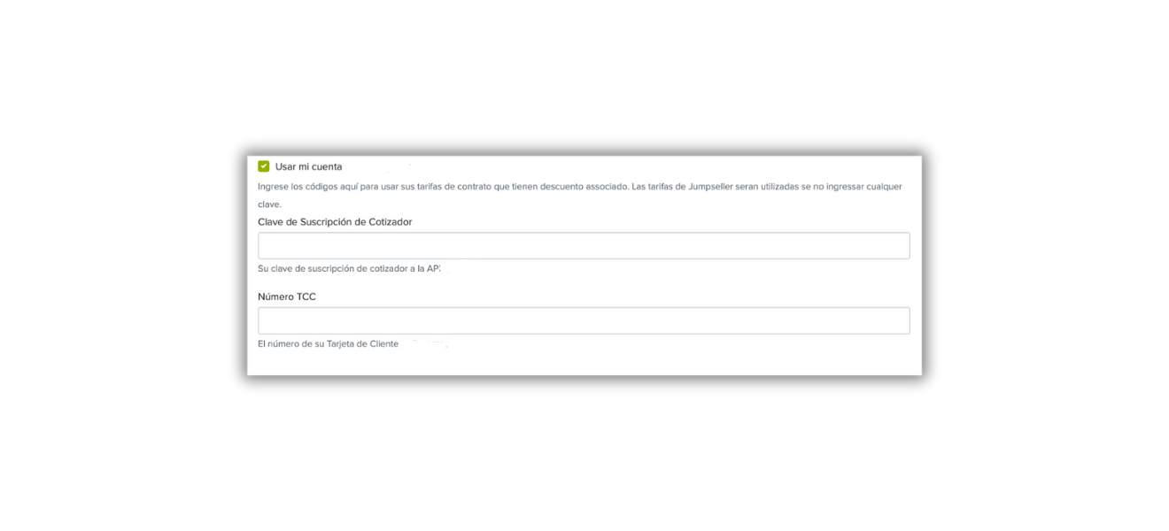 Captura de pantalla de la configuración de despachos en Jumpseller, mostrando donde ingresar los detalles del contrato.