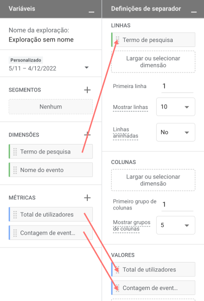 arrastar para colunas