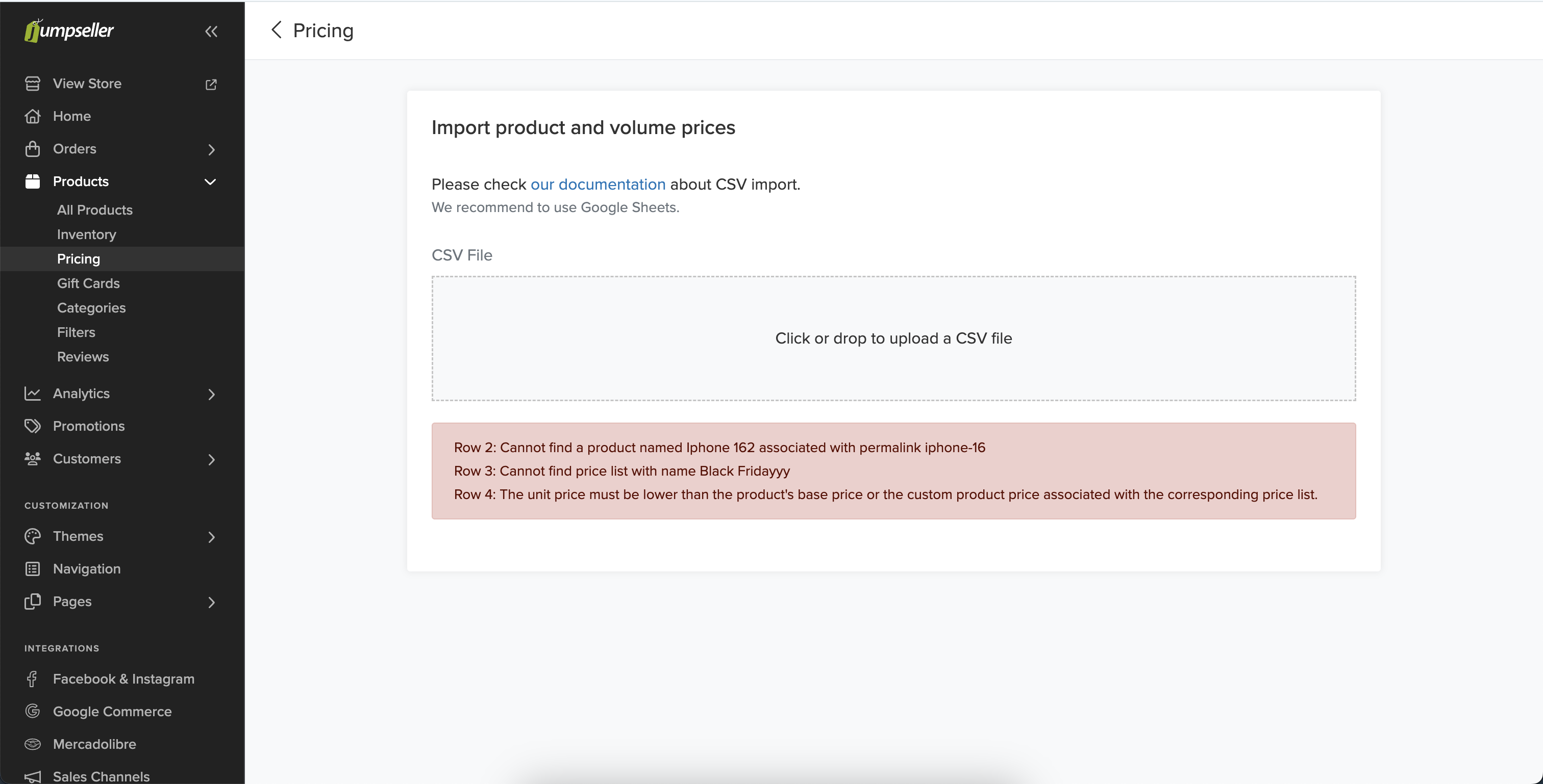 Volume Prices Error