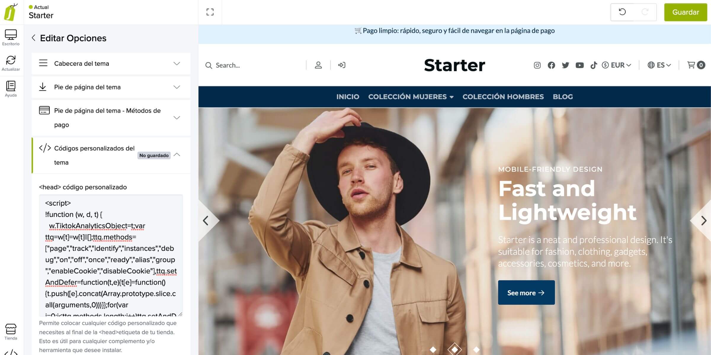 Como poner el codigo en el tema Starter