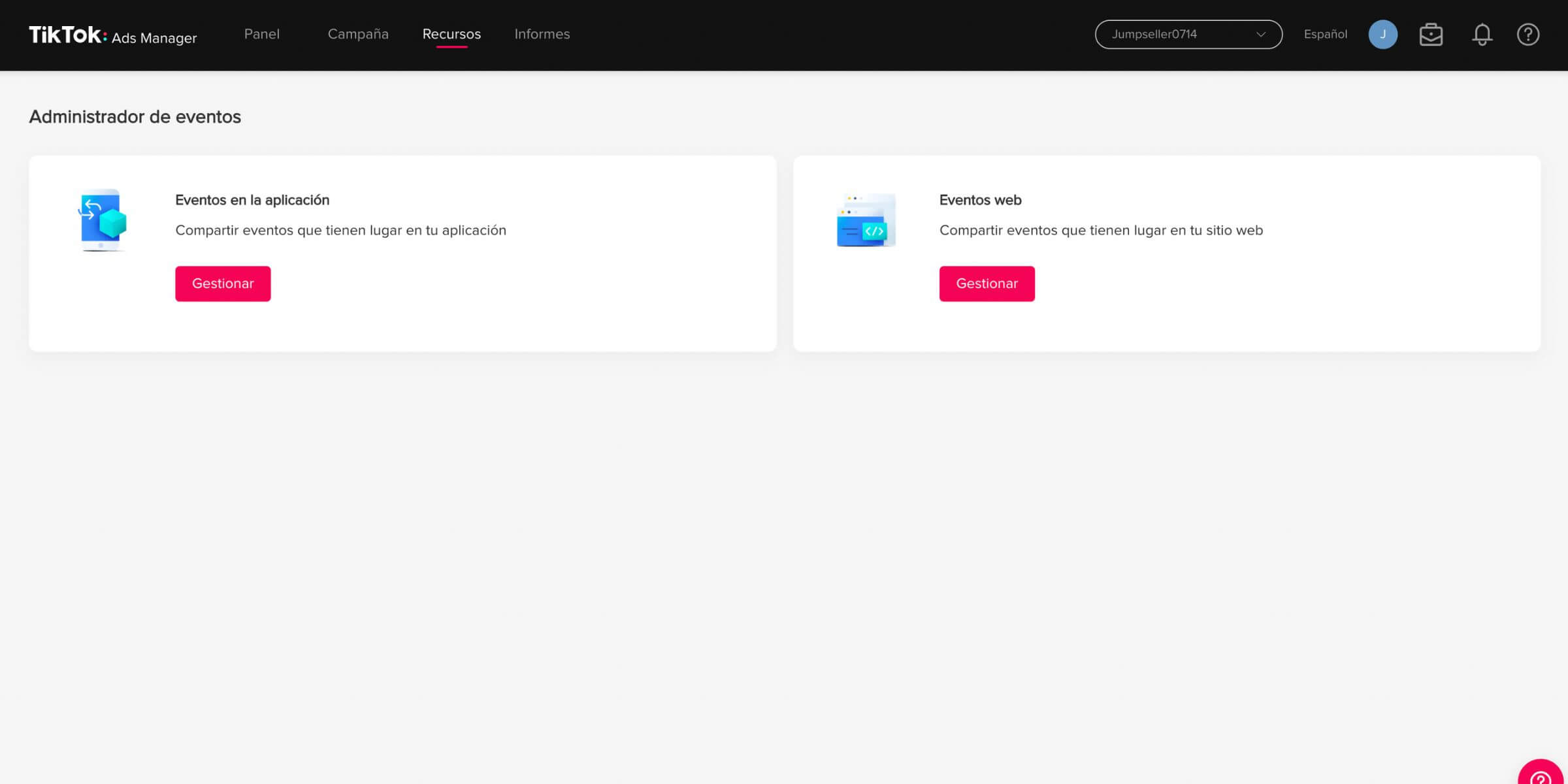 ir a la opción Eventos web y hacer clic en Administrar