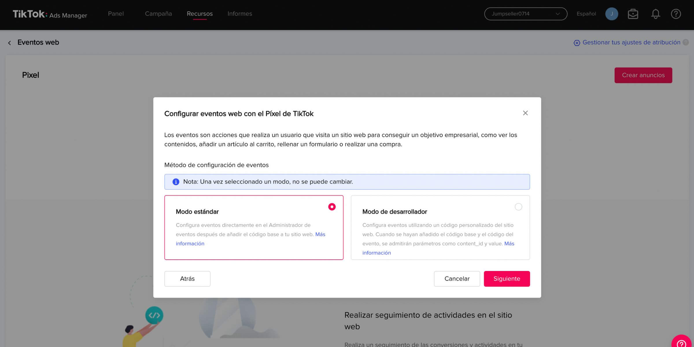Configurar eventos web Modo estandard